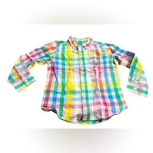 Gap Boys Organic Cotton Button Down Shirt, Plaid Print, Pink Tan, NEW